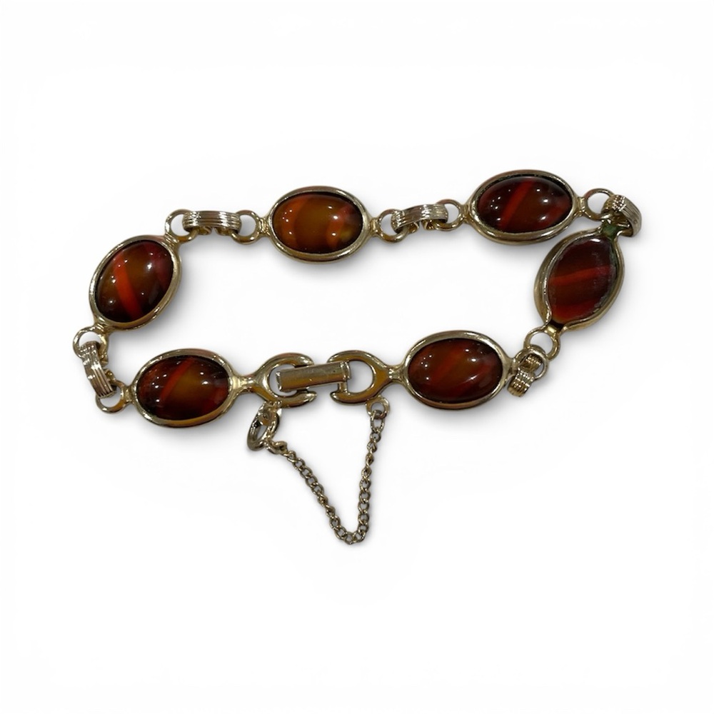 Sarah Coventry Vintage Bezel Set Gold Tone Linked Faux Brown Stone Bracelet